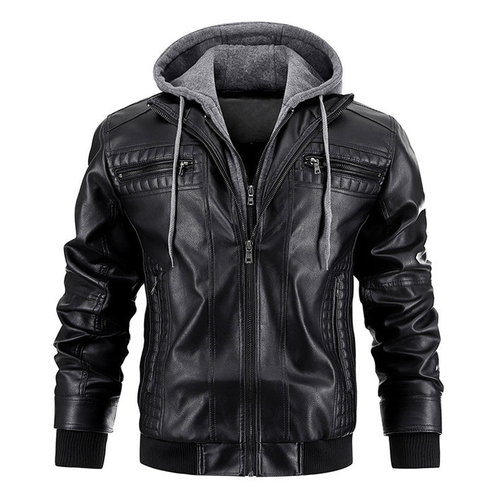 mens hooded PU leather jacket modern casual outerwear style