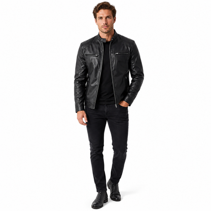 Mens leather jacket in genuine black leather with stand collar, slim fit, front zipper and practical pockets for smart looks.