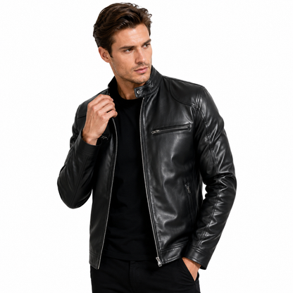 Black genuine leather jacket for men with refined stand collar, sleek silhouette, front zip closure and useful pocket design.