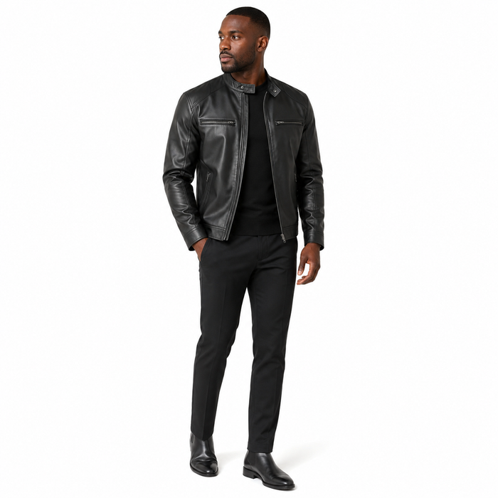Men's black leather jacket with stand collar, reinforced stitching, slim modern fit and inner lining for comfortable styling.