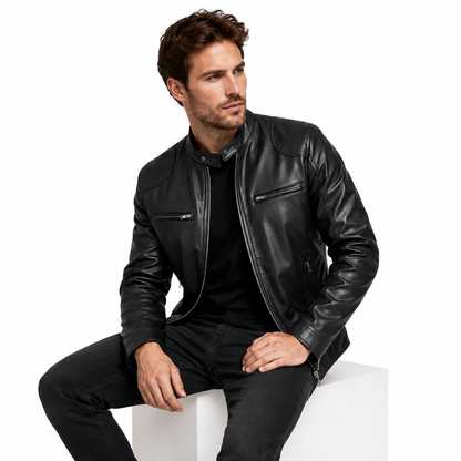 Stand collar men's leather jacket in genuine black leather with zip closure, side pockets and internal pocket for essentials.
