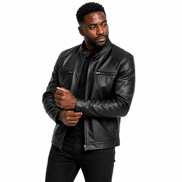 Men's genuine leather jacket with sleek black finish, stand collar, tailored silhouette and front zipper for evening styling.
