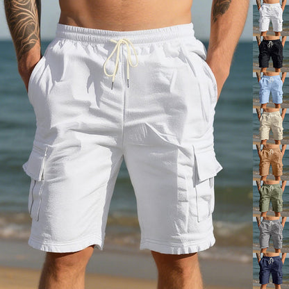 Men’s linen shorts in khaki – multi-pocket casual fit