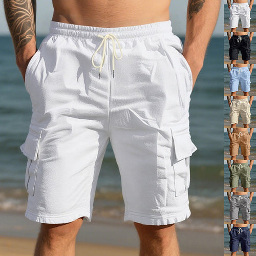 Men’s linen shorts in khaki – multi-pocket casual fit