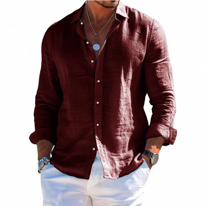 Men's solid lapel long sleeve shirts in light gray polyester, packable travel shirt for holidays and weekends