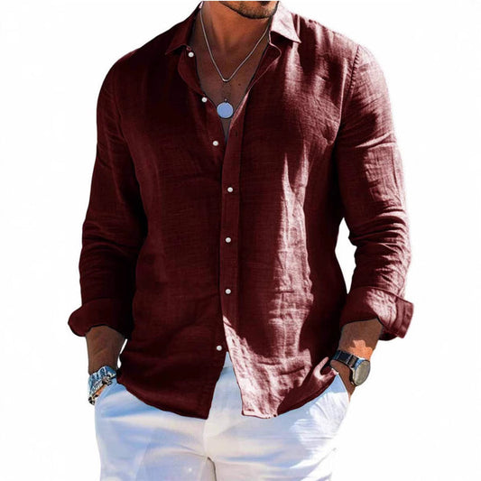 Men's solid lapel long sleeve shirts in light gray polyester, packable travel shirt for holidays and weekends
