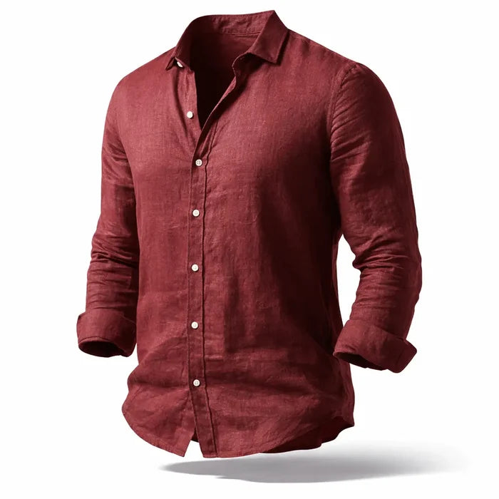 Men's beach shirt lapel collar long sleeve shirts in light blue polyester, relaxed resort look for warm travel days