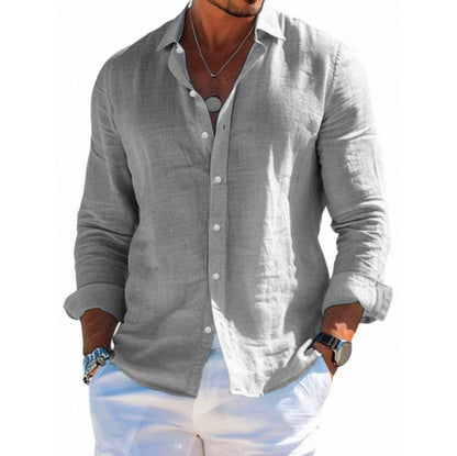 Men's solid lapel long sleeve shirts in light gray polyester, packable travel shirt for holidays and weekends