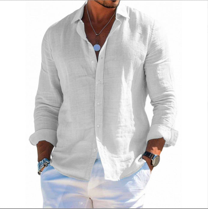 Men's lapel beach long sleeve shirts in black polyester, polished minimalist shirt for city and seaside wear