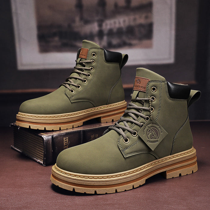 Green British-style men's boots with lace-up closure and supportive short heel