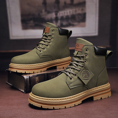 Green British-style men's boots with lace-up closure and supportive short heel