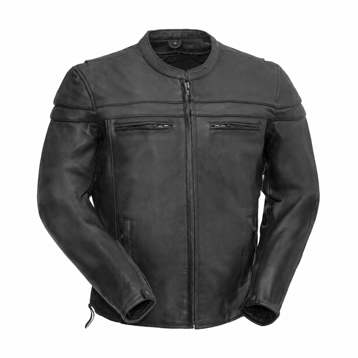 Men's Maverick black cowhide motorcycle jacket, front view