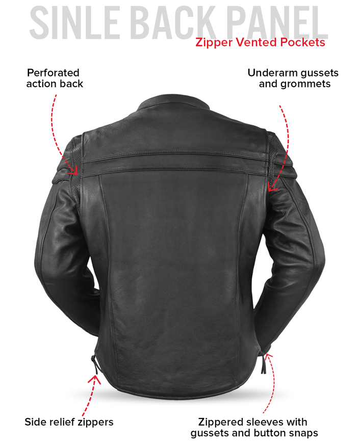 Maverick leather jacket perforated action back, side relief zipper and sleeve features