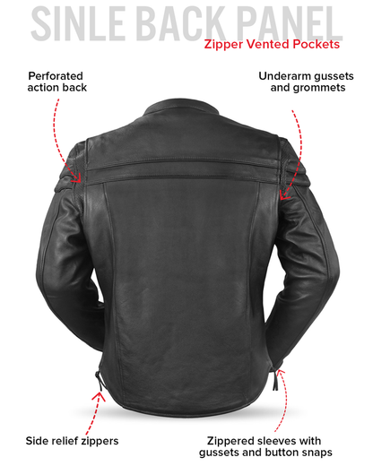 Maverick leather jacket perforated action back, side relief zipper and sleeve features