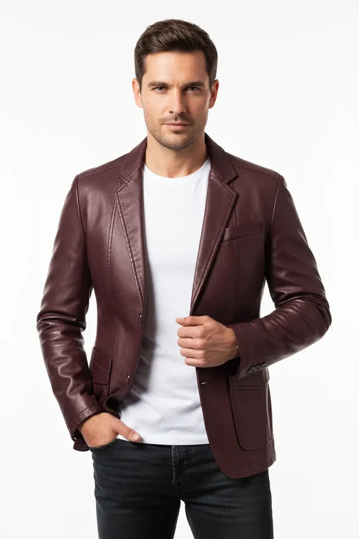 mens leather jacket black color front view casual street style