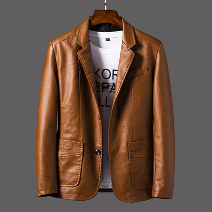 mens PU leather jacket orange color street fashion outfit