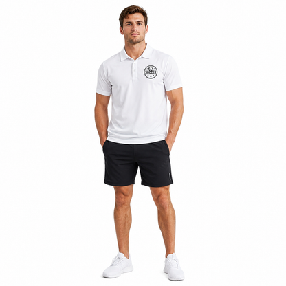 White soccer polo shirt for men with button collar, chest soccer graphic, short sleeves and clean athletic casual style shown