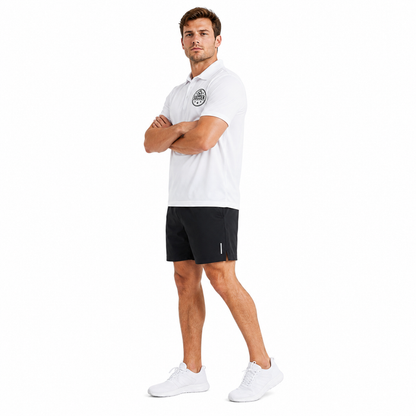 Breathable mens sport polo in white polyester with clean collar, button front and subtle soccer chest design for training use