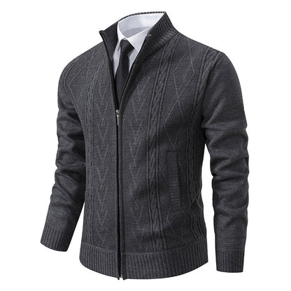 Men's stand collar cardigan zipper pull and collar seam detail, jacquard knit cardigan texture for smart casual dressing