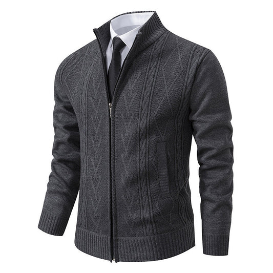 Men's stand collar cardigan zipper pull and collar seam detail, jacquard knit cardigan texture for smart casual dressing