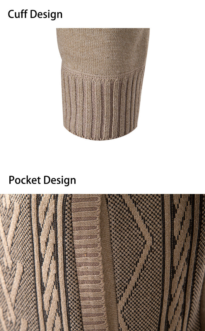Men's stand collar cardigan sleeve and hem detail in light gray, loose fit cardigan shape for relaxed office layering