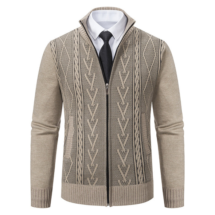 Men's stand collar cardigan color options beige light gray dark gray, jacquard knit cardigan look for versatile outfits