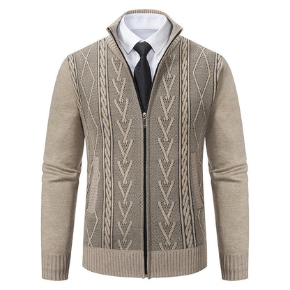 Men's stand collar cardigan color options beige light gray dark gray, jacquard knit cardigan look for versatile outfits