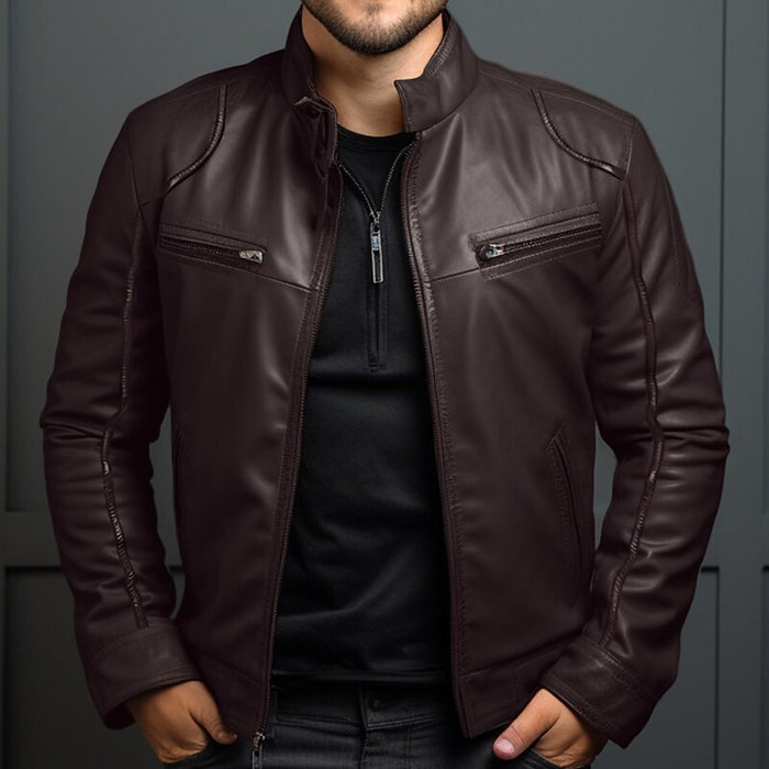 Brown men’s motorcycle leather jacket – durable PU, everyday ride