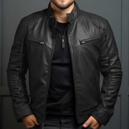 Dark green men’s motorcycle leather jacket – cotton-lined comfort