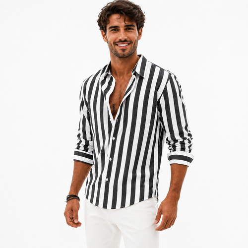 Men's black and white striped long sleeve shirt shown on a male model in a clean studio pose with visible button-front styling.
