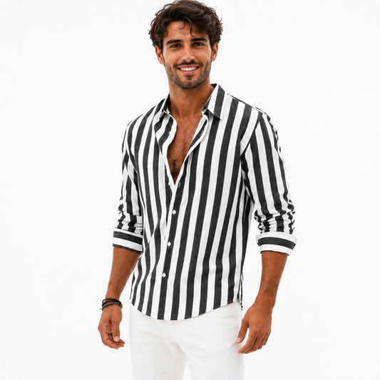 Men's black and white striped long sleeve shirt shown on a male model in a clean studio pose with visible button-front styling.