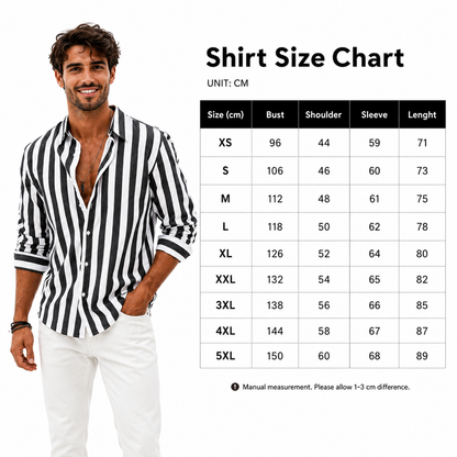 Men's striped shirt size chart with male model and centimeter measurements for bust, shoulder, sleeve and length from XS to 5XL.