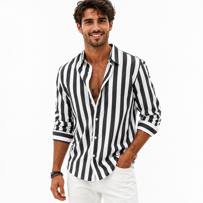Men's striped shirt long sleeve in black and white on a male model, shown on a clean white studio background for casual styling.