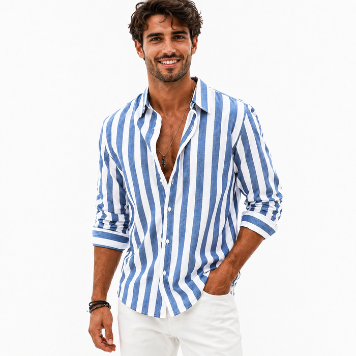 Blue and white men's striped long sleeve shirt on a male model, shown with rolled sleeves and button-front styling on white.