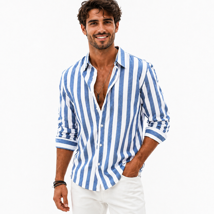 Blue and white men's striped long sleeve shirt on a male model, shown with rolled sleeves and button-front styling on white.