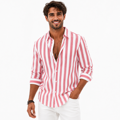 Men's pink and white striped casual shirt on a smiling male model with rolled sleeves and clean white studio presentation.