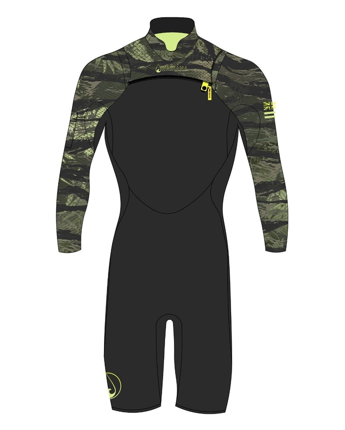 Men's Tropicam Long Sleeve Spring Suit front view with camo print and short legs
