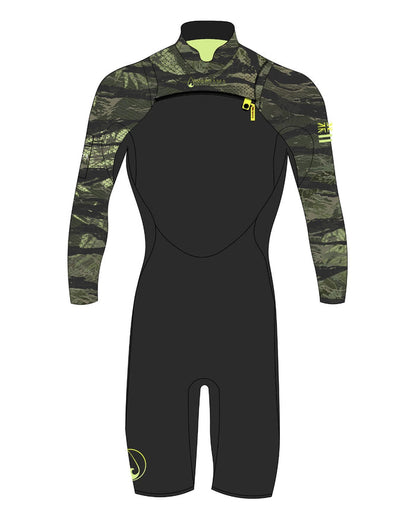 Men's Tropicam Long Sleeve Spring Suit front view with camo print and short legs