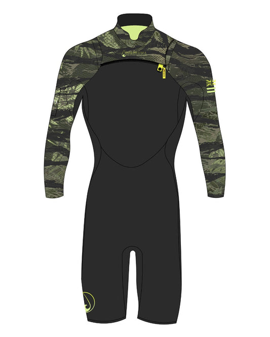 Men's Tropicam Long Sleeve Spring Suit front view with camo print and short legs