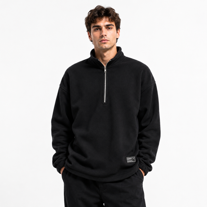 Men's fleece half zip sweatshirt black loose fit on male model - main product image