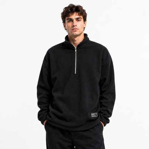 Men's fleece half zip sweatshirt black loose fit on male model - main product image