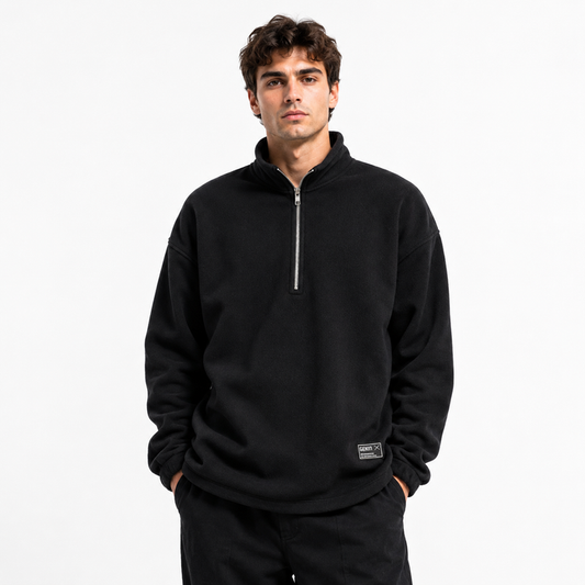 Men's fleece half zip sweatshirt black loose fit on male model - main product image