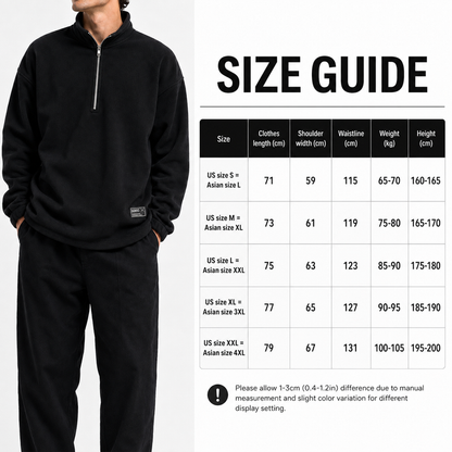 Men's fleece half zip sweatshirt size guide with model and measurements