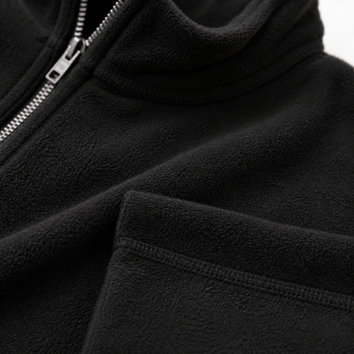Men's fleece half zip sweatshirt black fleece fabric and stitching close-up