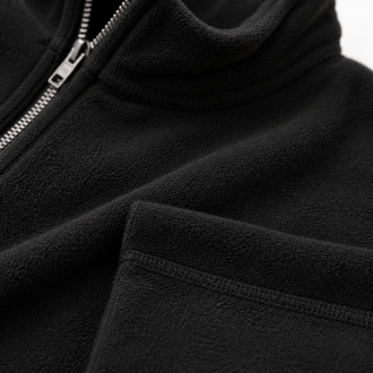 Men's fleece half zip sweatshirt black fleece fabric and stitching close-up