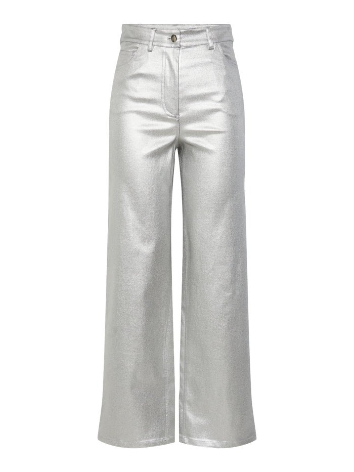 Milla High Waisted Metallic Pants (Silver)
