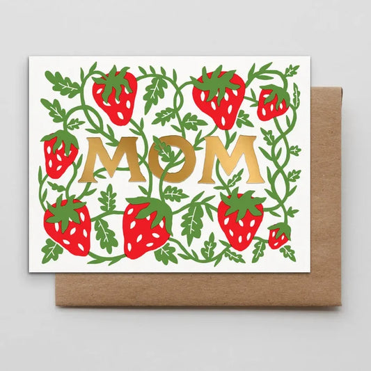 Greeting card with strawberries and the word 'MOM' on a white background