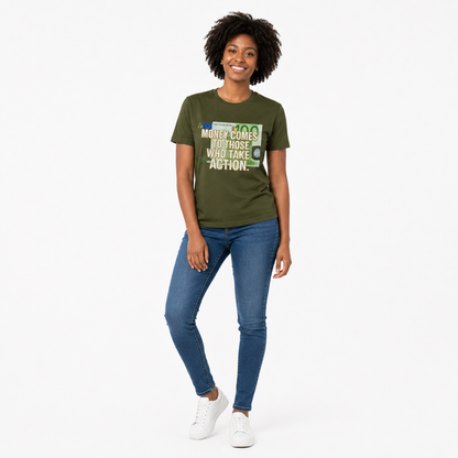 Motivational quote tee for men and women with classic crew fit, white cotton fabric, and a strong black daily action reminder