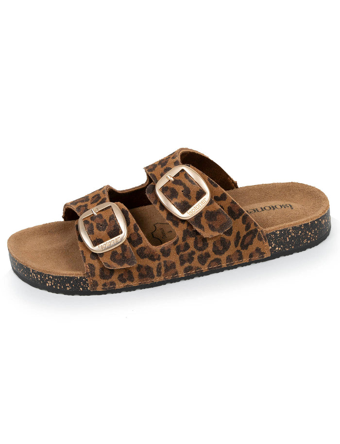Mules sandales Femme Double Bride cuir camel Léopard