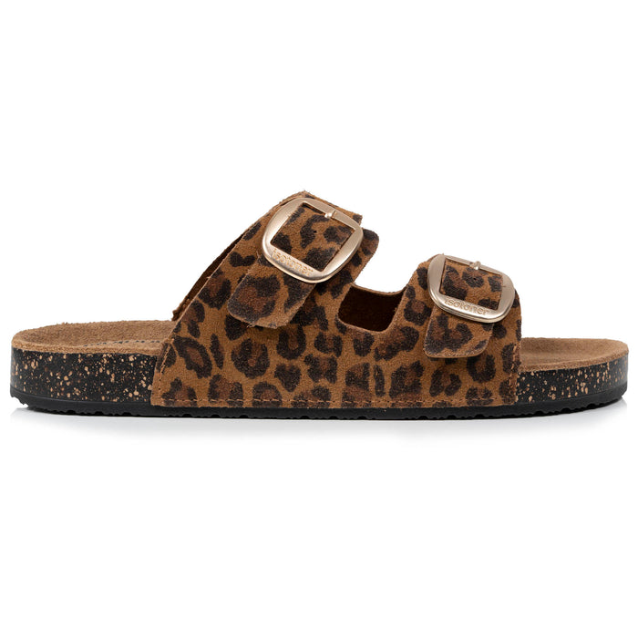 Mules sandales Femme Double Bride cuir camel Léopard